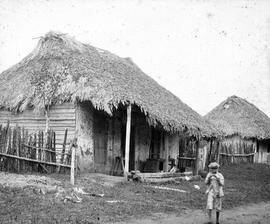 Thatched hut and boy